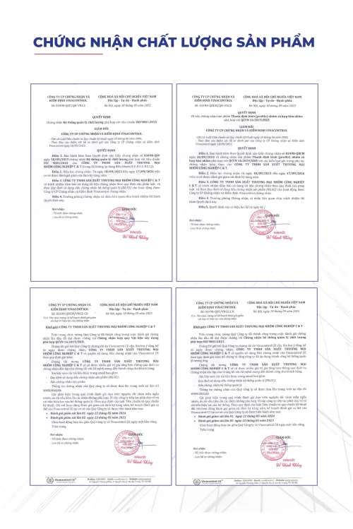 Bộ chứng nhận chất lượng sản phẩm của Nhà máy Nhôm Cầu Thịnh, gồm các quyết định và tài liệu xác nhận sản phẩm nhôm phù hợp tiêu chuẩn.