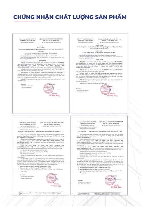 bo-chung-nhan-chat-luong-san-pham-nha-may-nhom-cau-thinh Bộ chứng nhận chất lượng sản phẩm của Nhà máy Nhôm Cầu Thịnh, gồm các quyết định và tài liệu xác nhận sản phẩm nhôm phù hợp tiêu chuẩn.