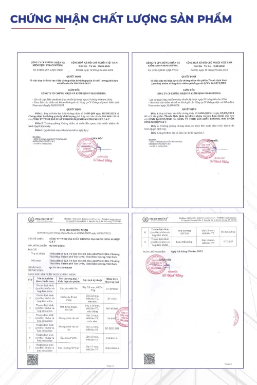 Bộ chứng nhận chất lượng sản phẩm kèm phụ lục QCVN 16:2019/BXD của Nhà máy Nhôm Cầu Thịnh, gồm quyết định chứng nhận và danh mục các sản phẩm nhôm được đánh giá phù hợp tiêu chuẩn.
