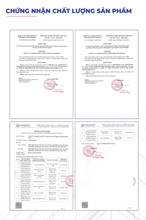 bo-chung-nhan-chat-luong-san-pham-phu-luc-qcvn-16-2019-bxd-nha-may-nhom-cau-thinh Bộ chứng nhận chất lượng sản phẩm kèm phụ lục QCVN 16:2019/BXD của Nhà máy Nhôm Cầu Thịnh, gồm quyết định chứng nhận và danh mục các sản phẩm nhôm được đánh giá phù hợp tiêu chuẩn.