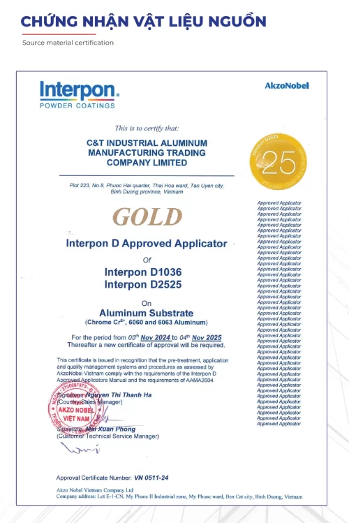 Chứng nhận vật liệu nguồn Interpon AkzoNobel cấp cho Nhà máy Nhôm Cầu Thịnh về hệ thống sơn Interpon D1036 và D2525.