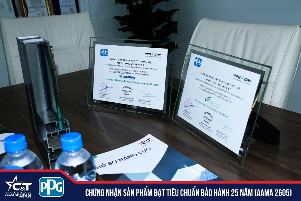 Giấy chứng nhận PPG xác nhận sản phẩm nhôm Cầu Thịnh đạt tiêu chuẩn sơn AAMA 2605 – bảo hành 25 năm.