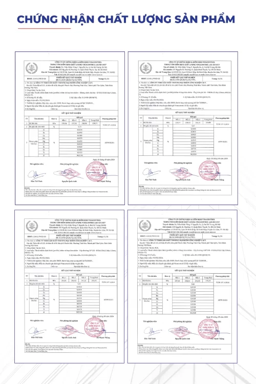 Bộ phiếu kiểm định và kết quả thử nghiệm thành phần hợp kim nhôm của Nhà máy Nhôm Cầu Thịnh do Vinacontrol thực hiện.