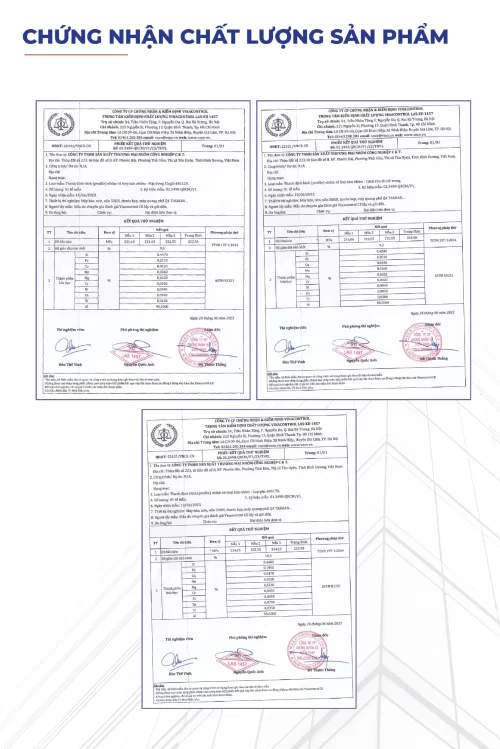 Bộ 3 phiếu thử nghiệm hợp kim nhôm của Nhà máy Nhôm Cầu Thịnh do Vinacontrol kiểm định.
