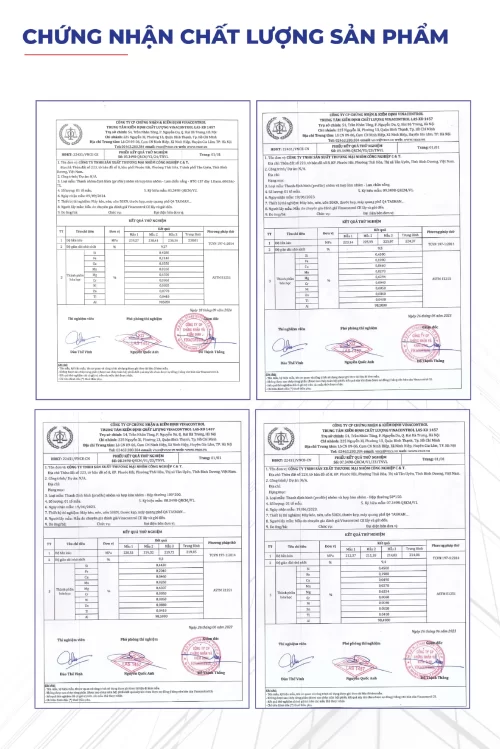 Bộ phiếu thử nghiệm và kiểm định chất lượng hợp kim nhôm của Nhà máy Nhôm Cầu Thịnh do Vinacontrol thực hiện.