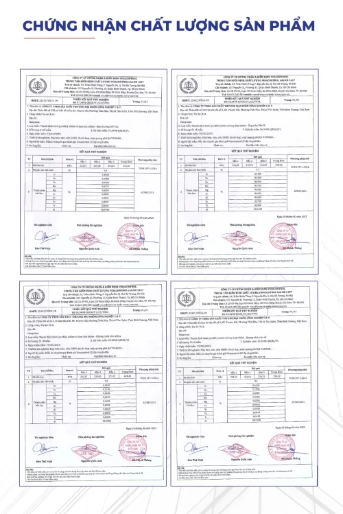 Bộ phiếu thử nghiệm hợp kim nhôm của Nhà máy Nhôm Cầu Thịnh do Vinacontrol phân tích và xác nhận chất lượng.