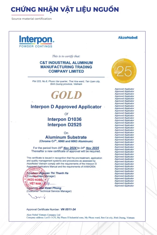 chung-nhan-vat-lieu-nguon-interpon-akzonobel-nha-may-nhom-cau-thinh Chứng nhận vật liệu nguồn Interpon AkzoNobel cấp cho Nhà máy Nhôm Cầu Thịnh về hệ thống sơn Interpon D1036 và D2525.