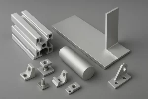 Các chi tiết nhôm công nghiệp gồm thanh nhôm định hình, thanh tròn nhôm, tấm nhôm và phụ kiện bulông – pát góc trên nền xám.