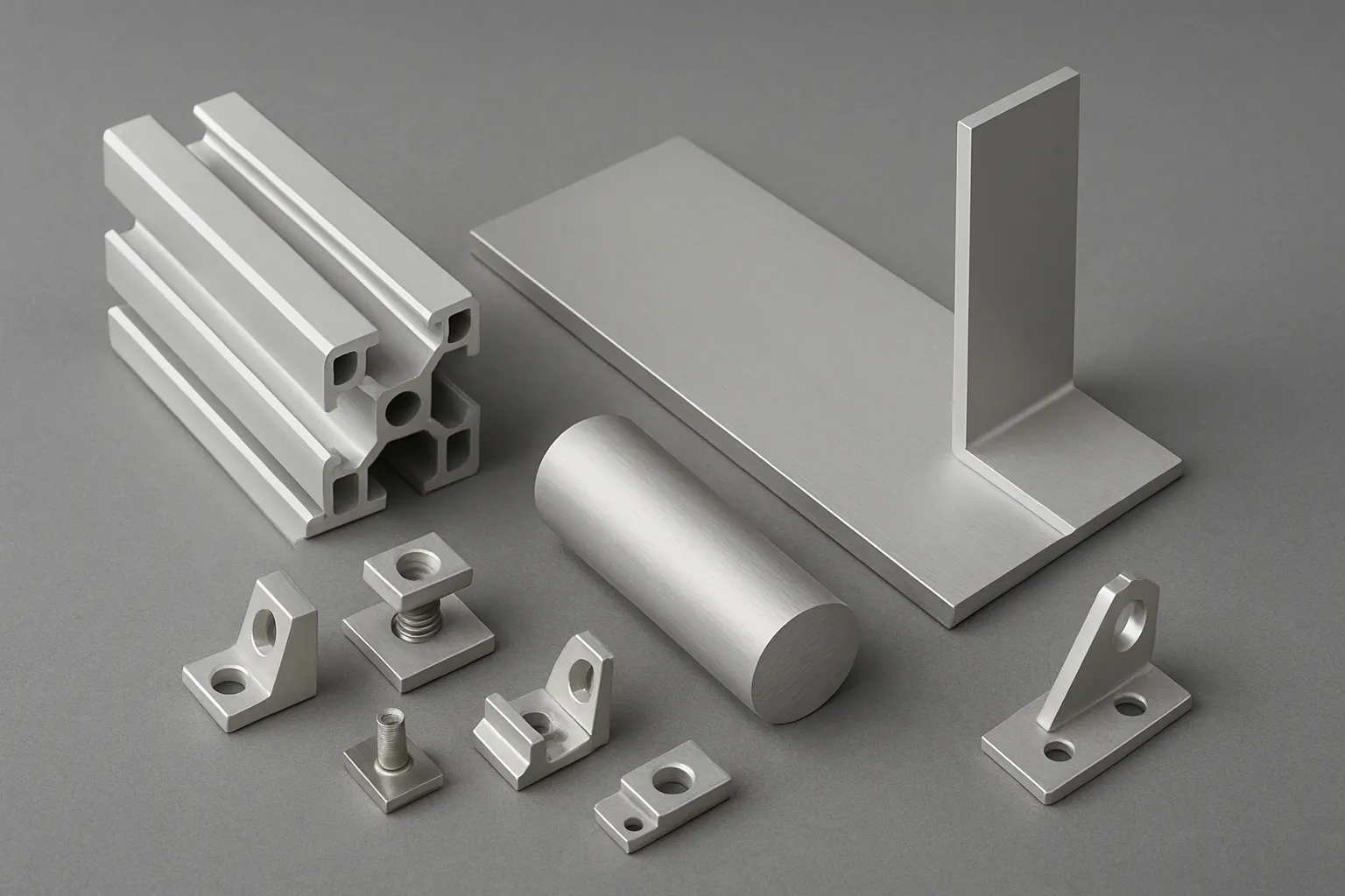 Các chi tiết nhôm công nghiệp gồm thanh nhôm định hình, thanh tròn nhôm, tấm nhôm và phụ kiện bulông – pát góc trên nền xám.
