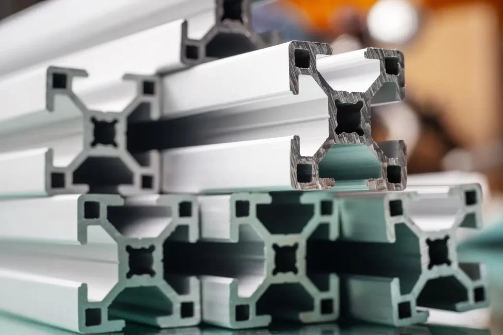 Thanh nhôm định hình công nghiệp profile rãnh T xếp chồng trong kho vật liệu cơ khí.