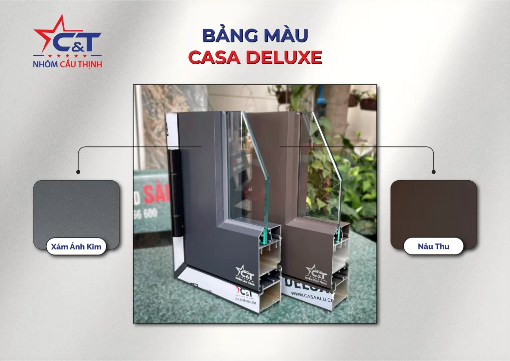 Bảng màu nhôm Casa Deluxe Nhôm Cầu Thịnh: Xám Ánh Kim và Nâu Thu (mẫu nhôm thực tế)