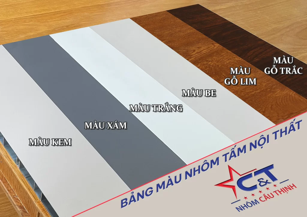 Bảng màu nhôm tấm nội thất tại Nhôm Cầu Thịnh gồm Kem Nội Thất, Xám Nội Thất, Trắng Nội Thất, Màu Be và vân gỗ Lim/Trắc