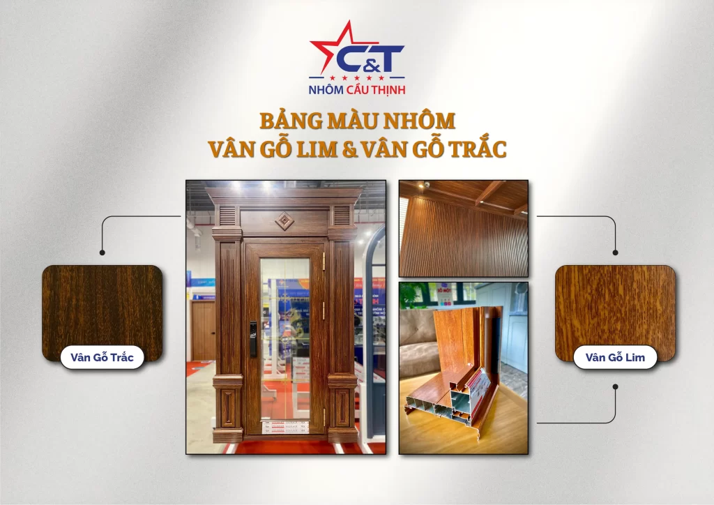 Bảng màu nhôm vân gỗ Lim và vân gỗ Trắc của Nhôm Cầu Thịnh, mẫu màu dùng cho cửa và nội thất