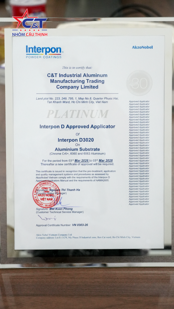 Chứng nhận Interpon D3020 đạt tiêu chuẩn AAMA 2605 do AkzoNobel cấp cho Nhôm Cầu Thịnh