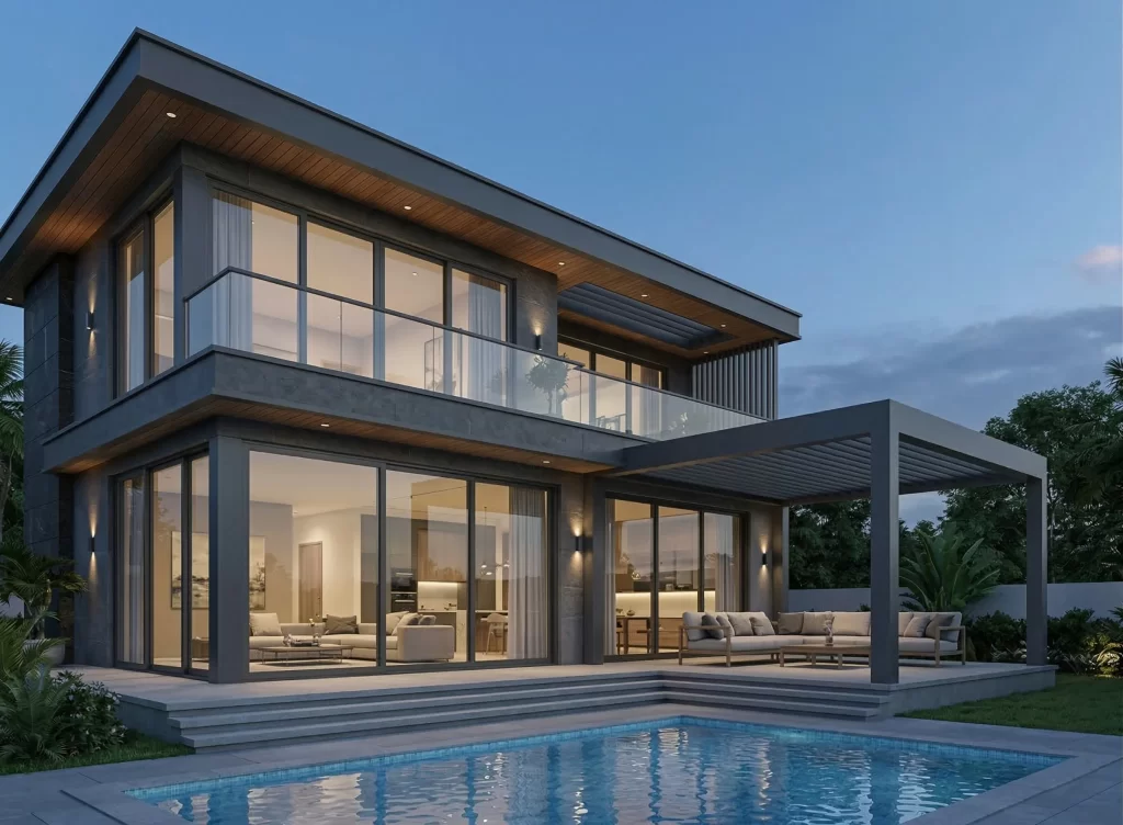 Biệt thự hiện đại 2 tầng sử dụng trọn bộ cửa nhôm kính trượt và lan can kính cường lực cao cấp.