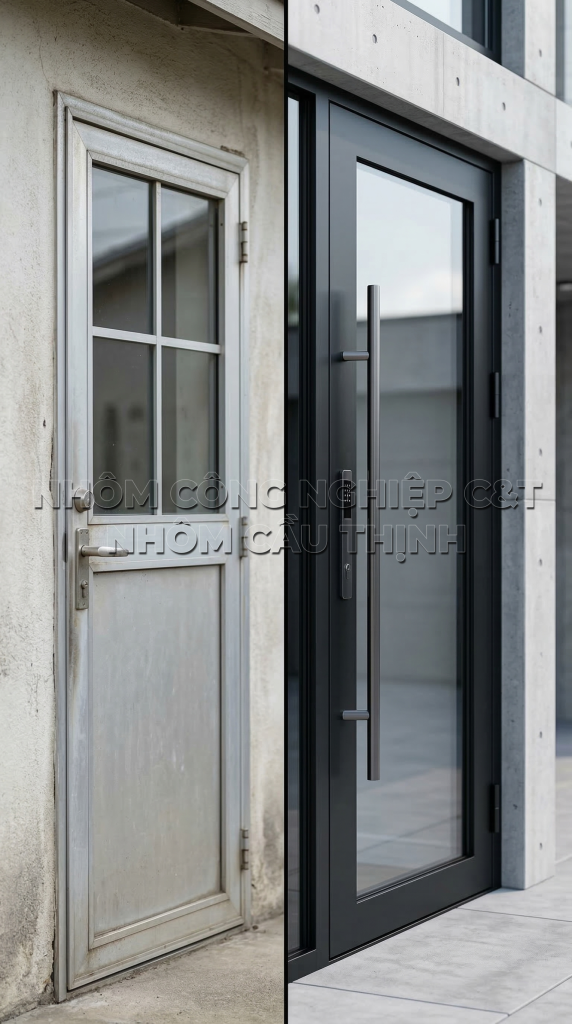 So sánh cửa kim loại cũ xuống cấp và cửa nhôm hiện đại bền màu sơn tĩnh điện