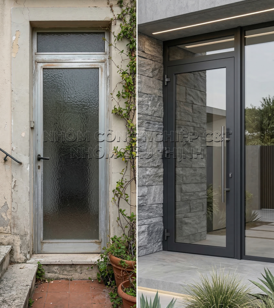 So sánh cửa nhôm cũ bạc màu xuống cấp và cửa nhôm sơn tĩnh điện bền màu cao cấp