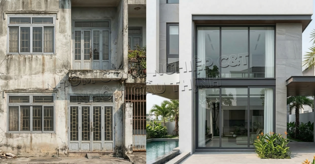 So sánh nhà cũ xuống cấp và nhà hiện đại sử dụng cửa nhôm bền màu sơn tĩnh điện cao cấp