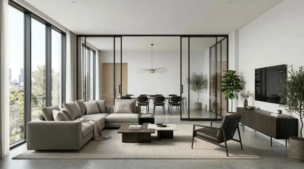 Nhôm chất lượng - Vách ngăn nhôm kính hệ Slim cửa trượt ngăn phòng khách và phòng ăn hiện đại.